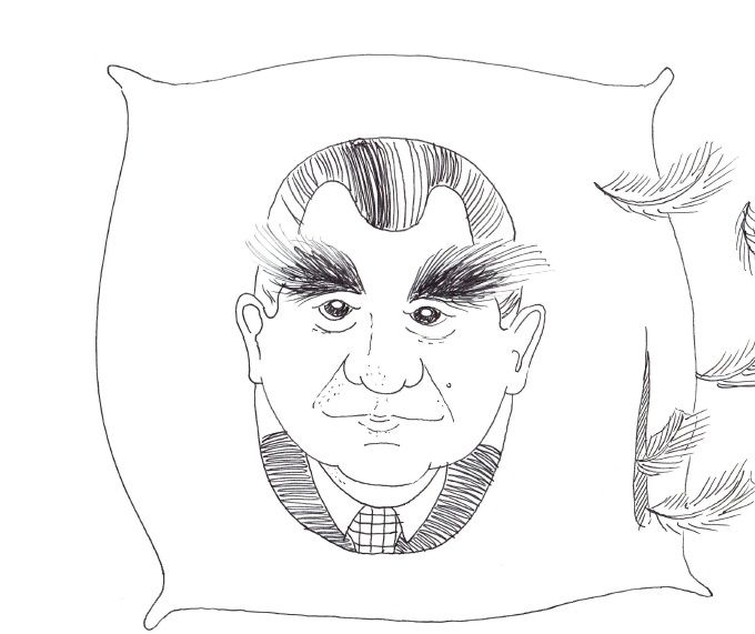 Fjerkongen Johs. Petersen i en pragtfuld karikaturtegning. De kæmpemæssige øjenbryn stritter mens de bøjede hønsefjer flyver lystigt afsted